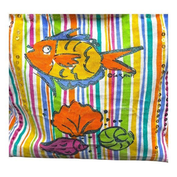 Colorful Whimsical Tropical Fish Beach Large Tote Sally Huss Y2K Striped READ - Picture 2 of 10